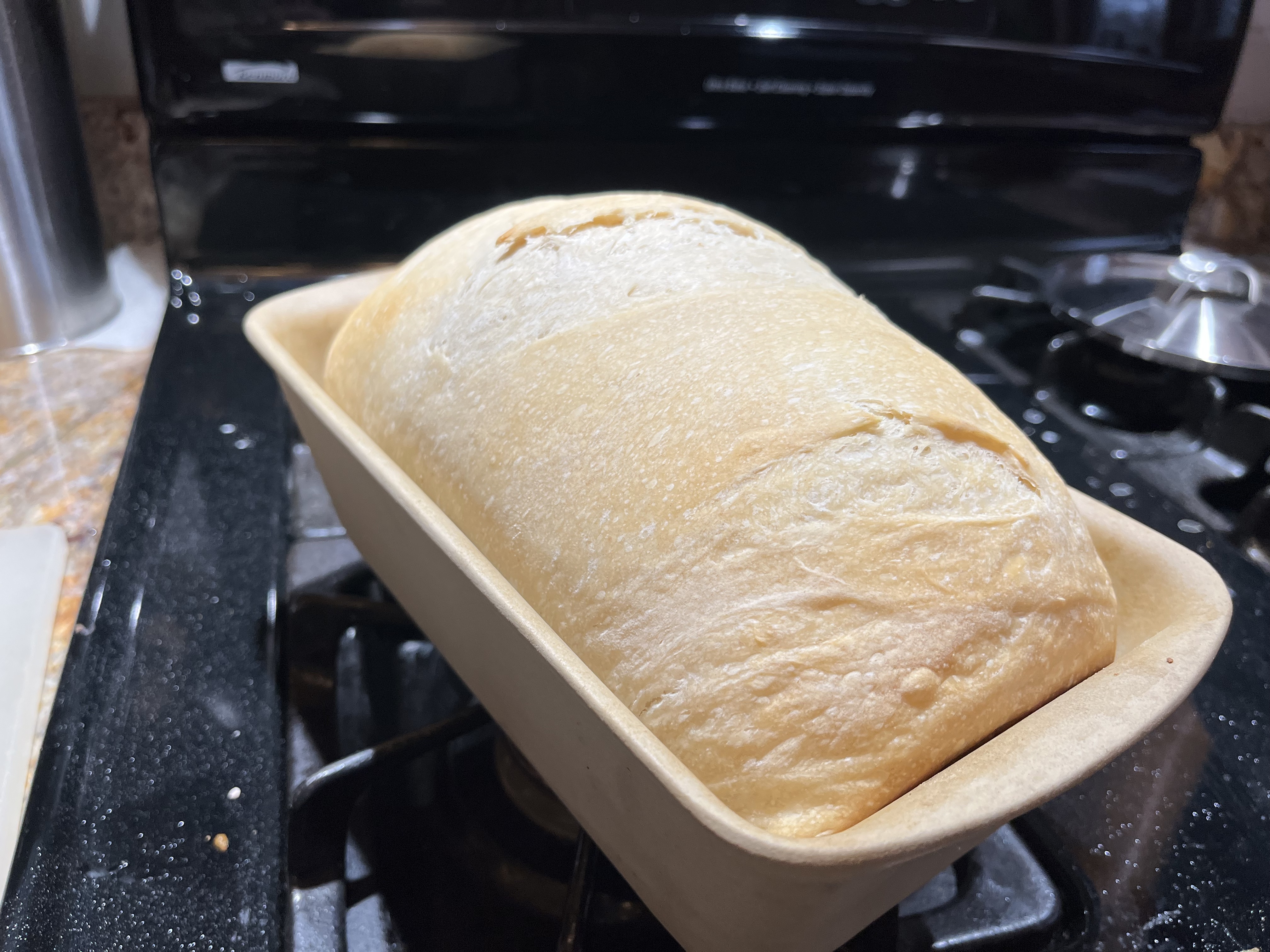 Sour Dough Sandwhich bread in a loaf pan.