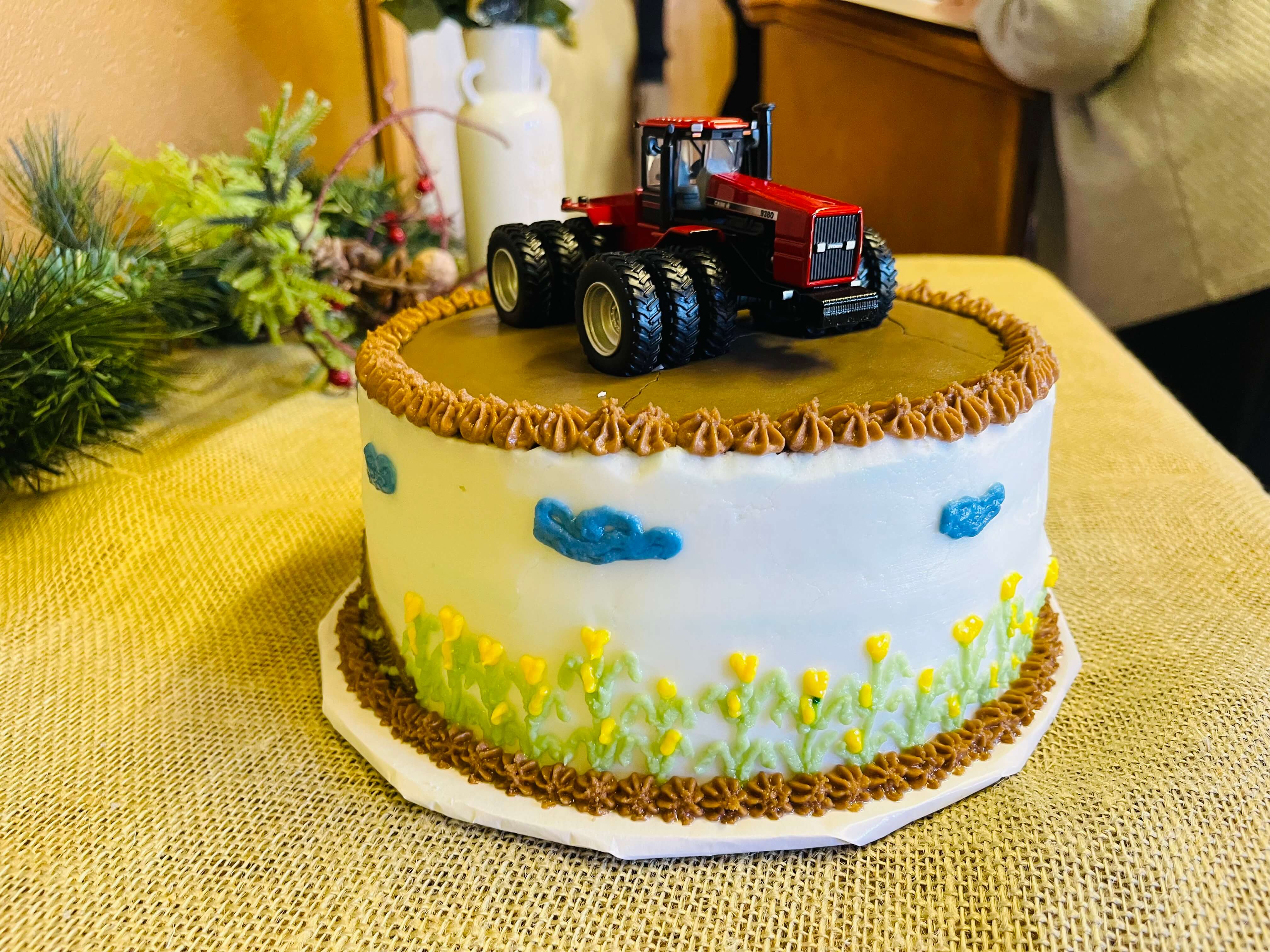 Three-layer 8-inch round yellow cake decorated with three farm scenes.