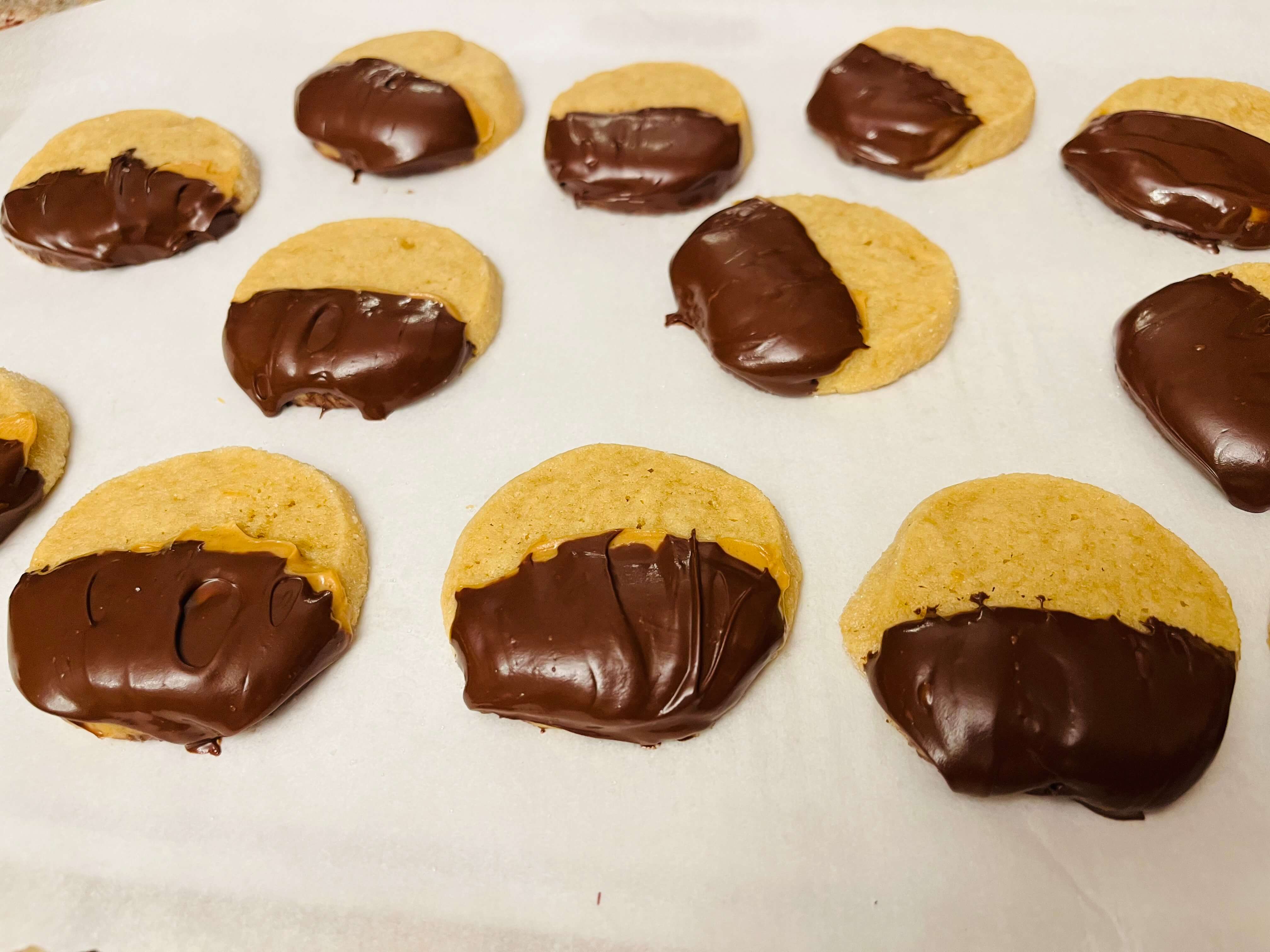 These buttery shortbread cookies are the perfect base for being dipped in peanut butter and chocolate.